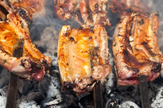 photographed closeup kebab made in nature. Used large pork meat