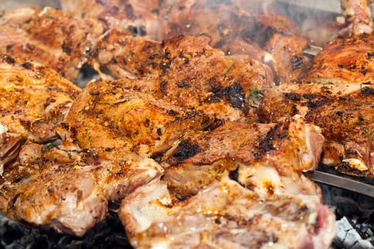 photographed closeup kebab made in nature. Used large pork meat