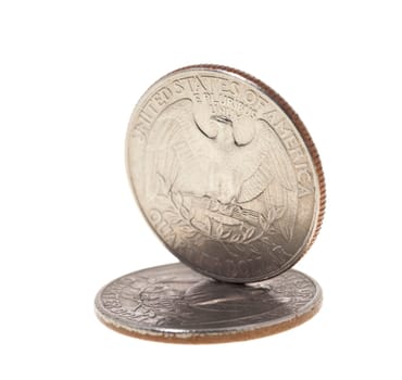 photographed close-up on white background coin dollar American quarter - twenty-five cents