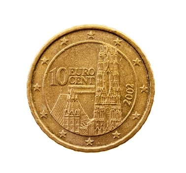 photographed close-up on white background coin euro ten cents