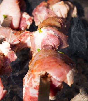 photographed close up meat during cooking kebabs for food, small depth of field