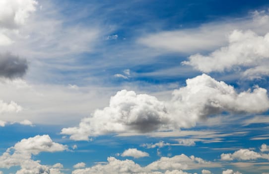 bright cumulus clouds are in the background of blue sky, close-up