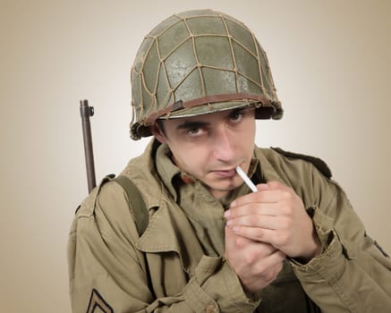 young American soldier smoke a cigarette, world war two