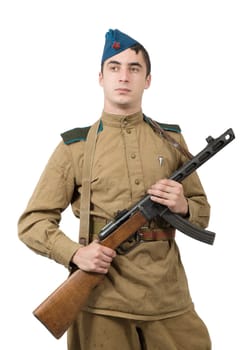 young paratrooper Soviet soldier with machine gun, ww2