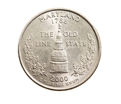 photographed close-up on white background coin dollar American quarter - twenty-five cents, Maryland