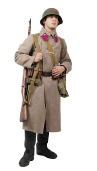 young Soviet soldier with winter uniform, wwii  isolated on the white background