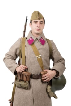 young Soviet soldier with winter uniform isolated on the white background