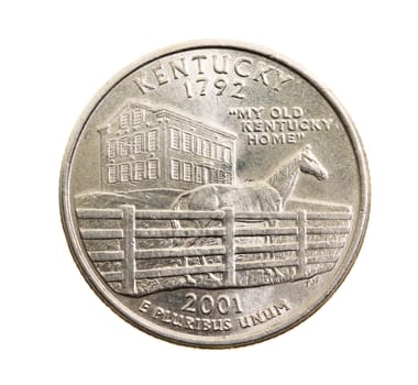 photographed close-up on white background coin dollar American quarter - twenty-five cents, Kentucky
