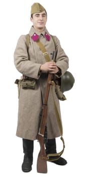young Soviet soldier with winter uniform, wwii, isolated on the white background