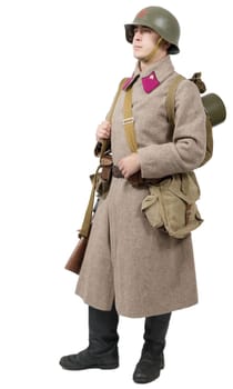 young Soviet soldier with winter uniform isolated on the white background