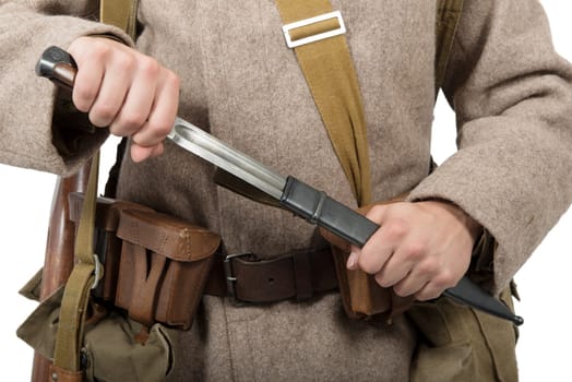 Close-up of the bayonet of a Soviet soldier, wwii