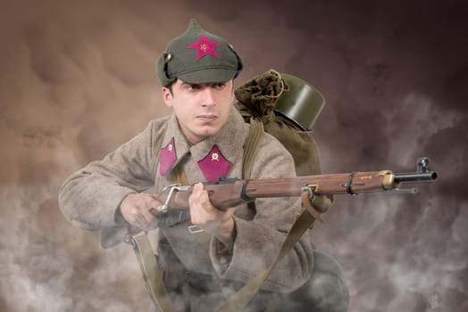 young Soviet soldier ww2 with rifle, attack