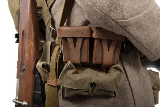 detail of military equipment of soviet soldier on white background