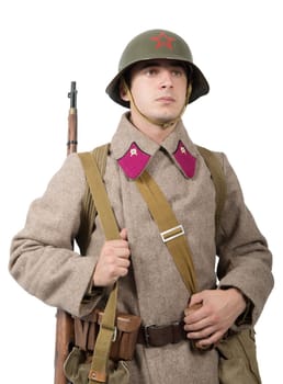 young Soviet soldier with winter uniform, wwii, isolated on the white background