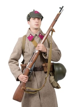 young Soviet soldier with winter uniform isolated on the white background