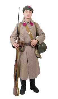 young Soviet soldier with winter uniform, wwii, isolated on the white background