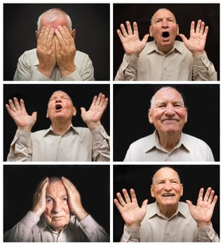 The old man with different emotions on a dark background. Collage