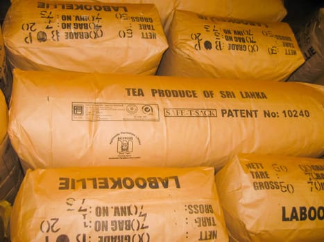 Nuvara Eliya, Sri Lanla - May 03, 2009: The bags with tea leaf crop on Mackwoods Limited PVT tea factory for weighing in Nuwara Eliya, Sri Lanka at May 03, 2009.