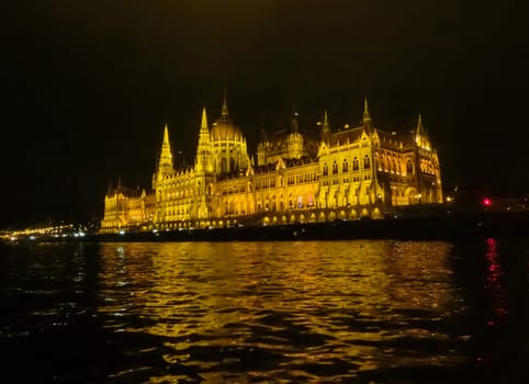 Budapest Parliament in Hungary at night on the Danube river