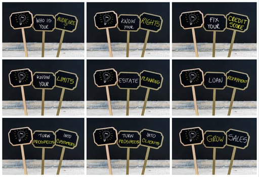 Photo collage of concept messages written with chalk on wooden mini blackboard labels and light bulb as symbol for idea, defocused chalkboard and wood table in background