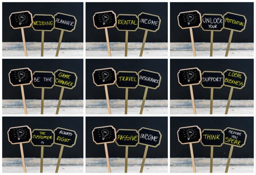 Photo collage of concept messages written with chalk on wooden mini blackboard labels and light bulb as symbol for idea, defocused chalkboard and wood table in background