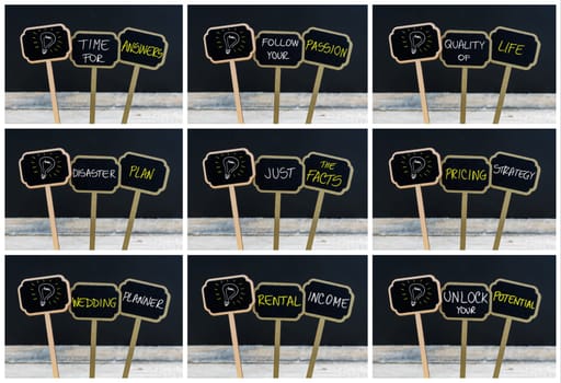 Photo collage of concept messages written with chalk on wooden mini blackboard labels and light bulb as symbol for idea, defocused chalkboard and wood table in background