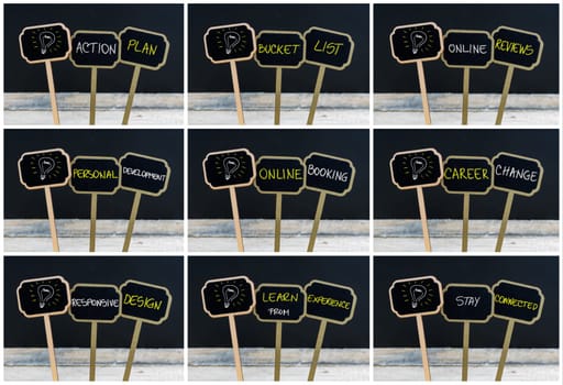 Photo collage of concept messages written with chalk on wooden mini blackboard labels and light bulb as symbol for idea, defocused chalkboard and wood table in background