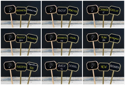 Photo collage of concept messages written with chalk on wooden mini blackboard labels and light bulb as symbol for idea, defocused chalkboard and wood table in background