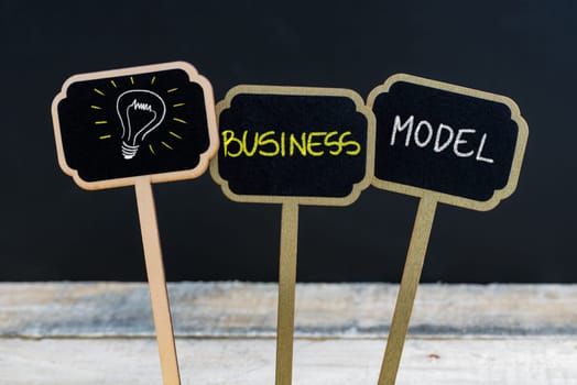 Concept message BUSINESS MODEL and light bulb as symbol for idea written with chalk on wooden mini blackboard labels, defocused chalkboard and wood table in background