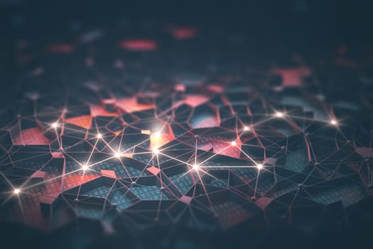 Artificial intelligence, connections and nucleus in concept of interconnected neurons. Abstract background with binary numbers, neural network and cloud computing.