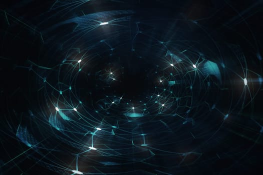 3D illustration, tunnel with connections and nucleus in concept of artificial intelligence. Concept of neural network and cloud computing.