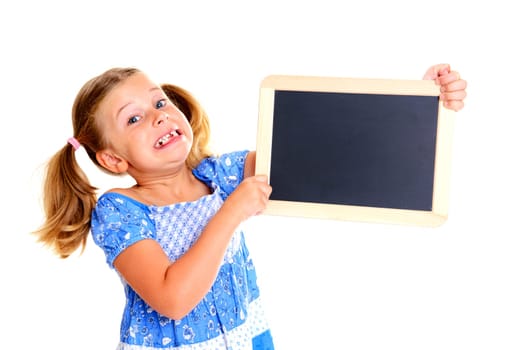 girl with little blackboard in front of white background