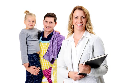 young beautiful businesswoman and her husband with child in background