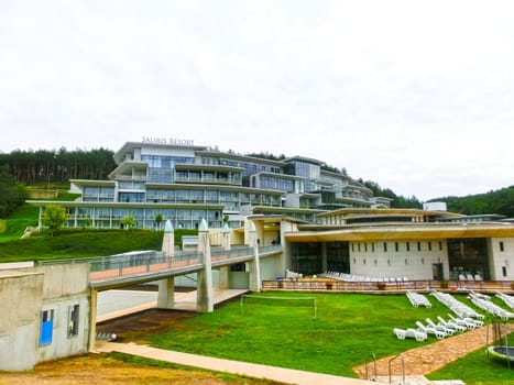 Egerszalok, Hungary - September 27, 2015: Saliris resort. The Egerszalok spa pools contain water rich in calcium, magnesium, and hydrocarbonate minerals.