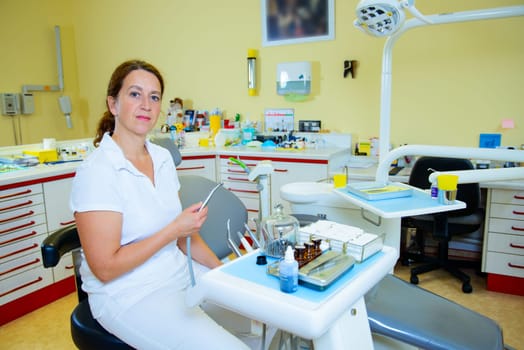 female dentist in dental surgery looking in to the camera