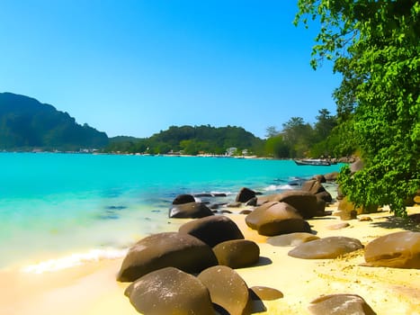 The blurred view of Phi Phi Islands in the Andaman Sea, Thailand