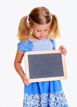 girl with little blackboard in front of white background