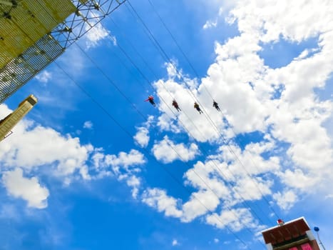Las Vegas, United States of America - May 07, 2016: The people at the SlotZilla zip line attraction at the Fremont Street Experience at Las Vegas, USA