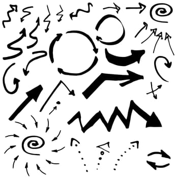 Pointers, arrows and other signs. Vector image in black and white. Doodle ink, hand drawn.