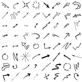 Pointers, arrows and other signs set. Vector image in black and white. Doodle ink, hand drawn.