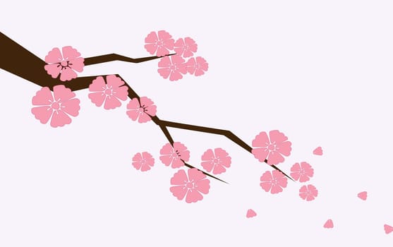 Branch of sakura with flowers. Cherry blossom branch with petals falling isolated on light-pink.