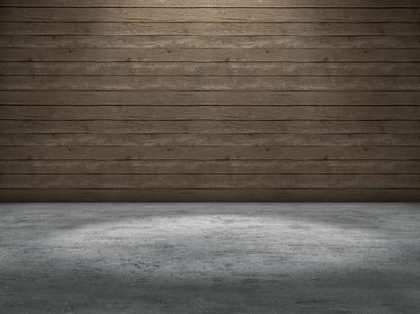 Room with wood wall and concrete floor and a spot light