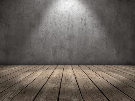 Room with concrete wall and wood floor and a spot light
