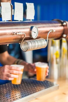 Detail of the draft beer system..Pressure gauge and drain pressure.