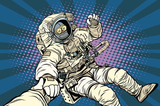 Follow me robot astronaut gesture okay, pop art retro vector illustration. Science fiction and robotics, space and science