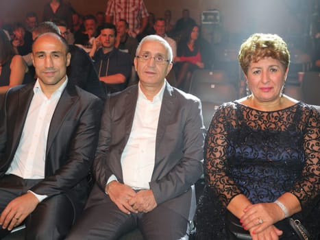 German professional boxer in super middleweight Arthur Abraham (Team Sauerland) with parents father Grigor Abraham and mother Sylvia Abraham at the WBA super middleweight world championship fight Tyron Witness against Giovanni De Carolis on 05.11.2016 in the MBS-Arena Potsdam