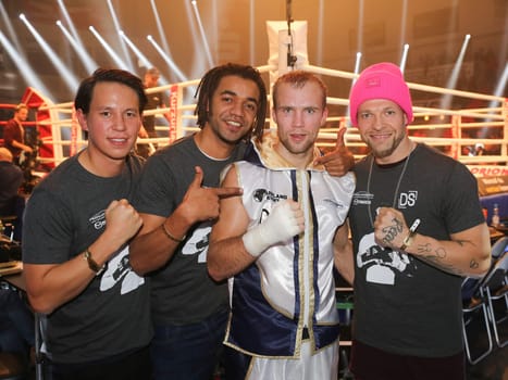 German professional boxer in super middleweight Stefan Härtel (Team Sauerland) with Matthias Hafemann,John Magiriba Lwanga and Mateo Jaschik all from Culcha Candela at the WBA Super Middleweight World Championship fight Tyron Zeuge against Giovanni De Carolis on 05.11.2016 in the MBS-Arena Potsdam