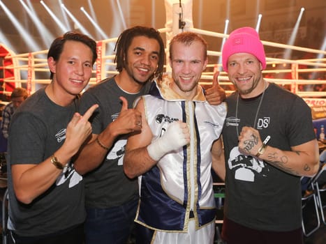 German professional boxer in super middleweight Stefan Härtel (Team Sauerland) with Matthias Hafemann,John Magiriba Lwanga and Mateo Jaschik all from Culcha Candela at the WBA Super Middleweight World Championship fight Tyron Zeuge against Giovanni De Carolis on 05.11.2016 in the MBS-Arena Potsdam