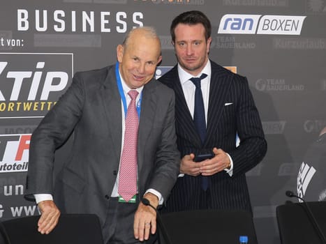 Wilfried Sauerland and son Kalle Sauerland (both promoter Team Sauerland) at the WBA Super Middleweight World Championship fight Tyron Zeuge against Giovanni De Carolis on 05.11.2016 in the MBS-Arena Potsdam