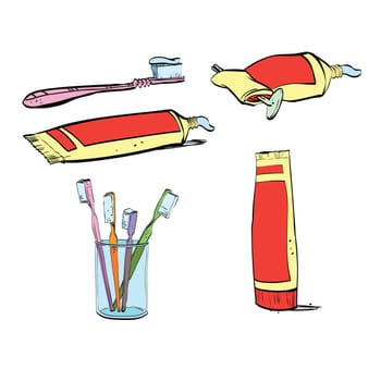 Retro set of dental hygiene, toothpaste and toothbrush. Vector isolated illustration on a white background